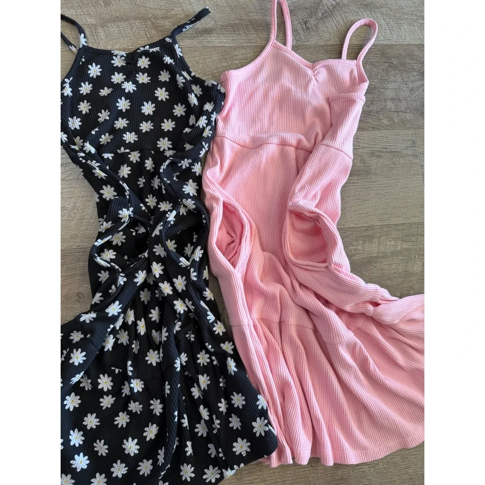 Old Navy Girls Ribbed Cami Dress Set 2pk Daisy Floral Pink Black Size L 10-12
